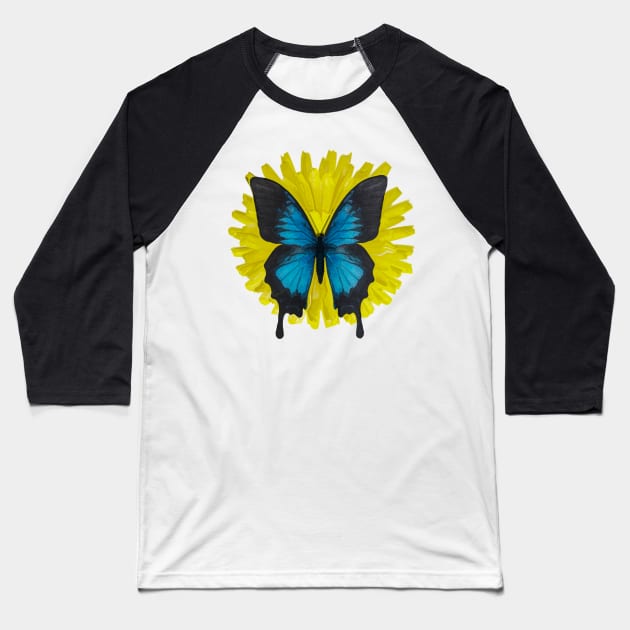 Dandelion Flower Blue Butterfly Baseball T-Shirt by Manzo Carey